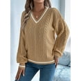 thumbnail image 2 of Women'S Casual V Neck Long Sleeve Sweater Trendy Striped Pullover Cable Knit Preppy Sweaters Khaki L, 2 of 8