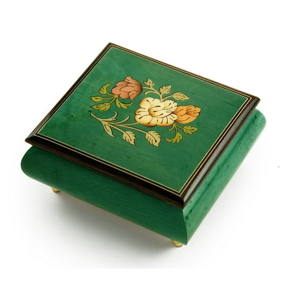 Vibrant Handcrafted Forest Green Floral Wood Inlay Musical Jewelry Box - Wedding March (Wagner)