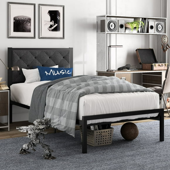 Amolife Queen Size Metal Bed Frame with Upholstered Headboard, Dark Grey