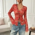thumbnail image 3 of MORTTIC Women's Floral Print V-Neck Blouse - Long Sleeve Button Ruffle Detail Tops for Spring/Fall Red，S, 3 of 11