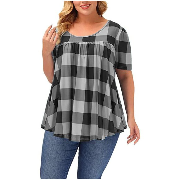 Pompotops Women's Fashion Plus Size Printed Round-neck Short Sleeve Loose T-shirt Tops