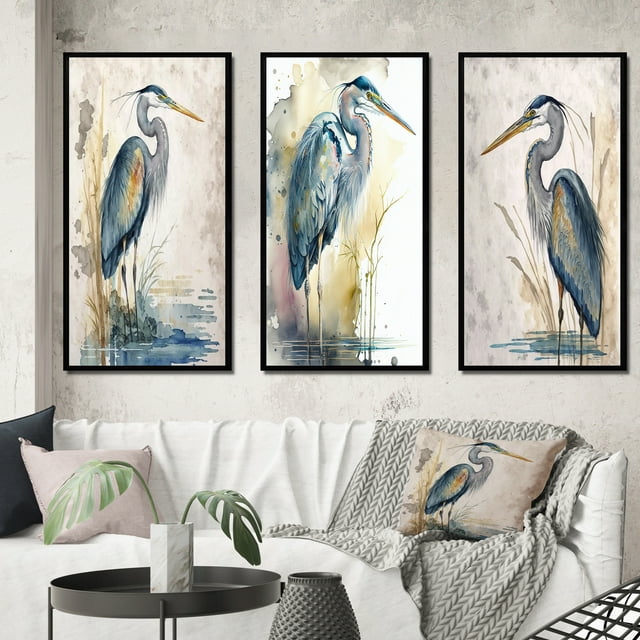 Designart "Riverside Reverie with Heron Watercolor Scene I" Animals Heron Framed Wall Art Set Of 3 - Blue Heron Frame Gallery Wall Set For Home Decor