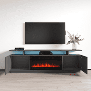Eva-KBL Fireplace TV Stand for TVs up to 80, Modern High Gloss 71 Entertainment Center, Electric Fireplace TV Media Console with Storage Cabinets and LED Lights