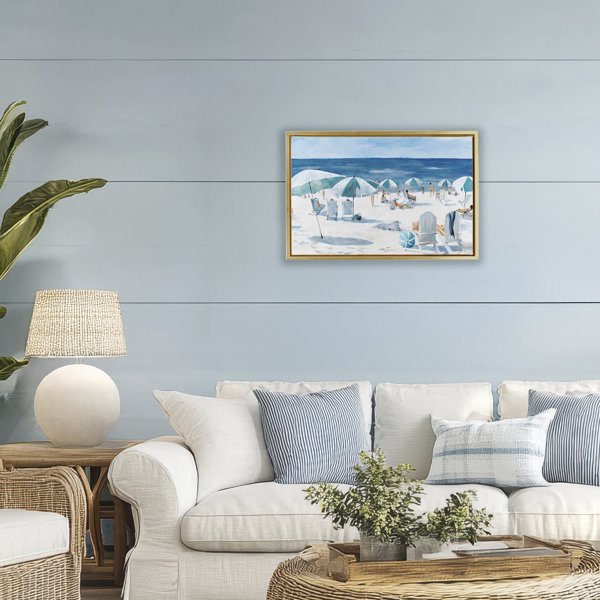 Stupell Industries Umbrella Beach Coastal Scene Gold Framed Floater Canvas Wall Art, design by Lorenzo Collective