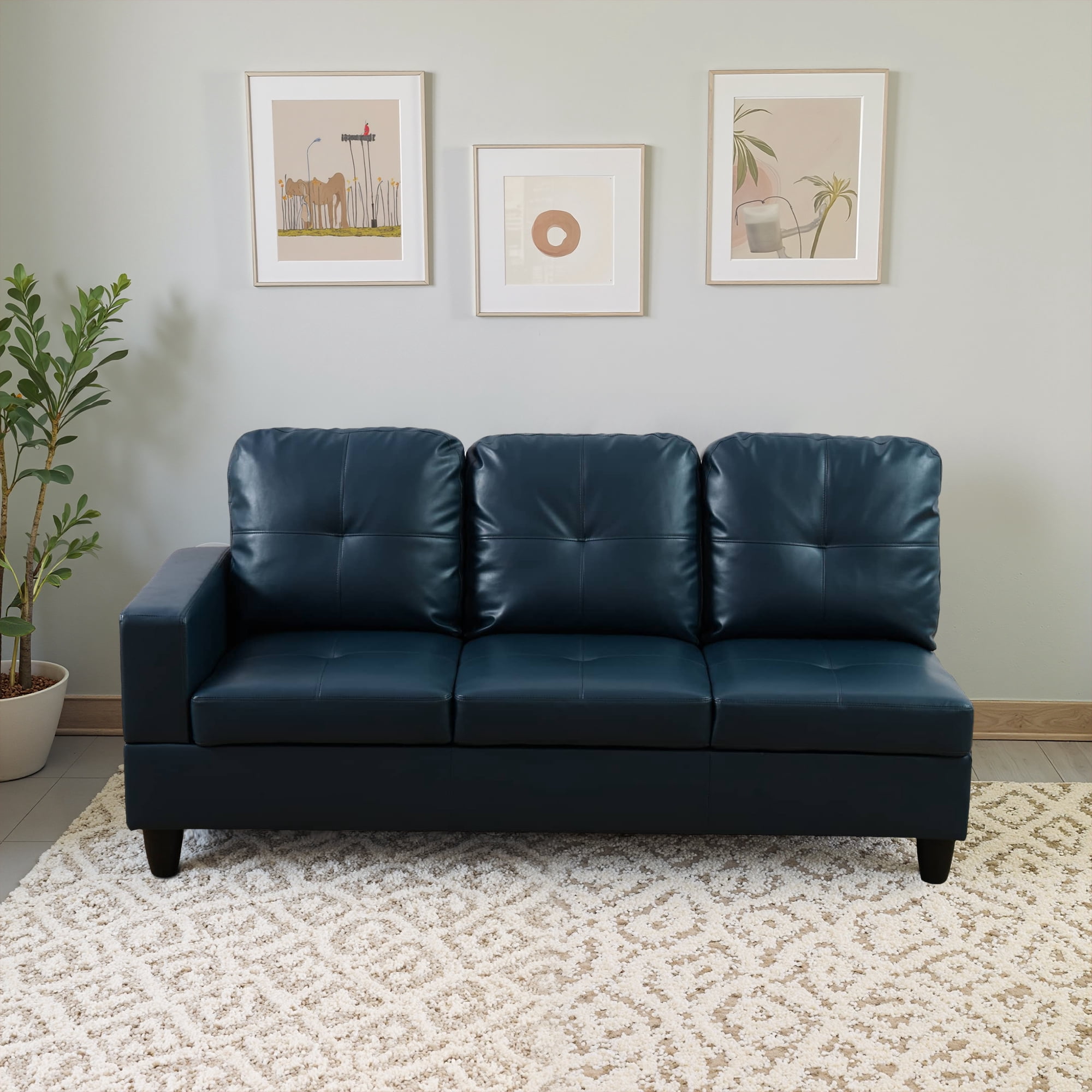 MAYEERTY 103.5" Semi PU Synthetic Leather Modern 3-Piece Sectional Couch with High-Density Foam Living Room Sofa Set，Peacock Blue