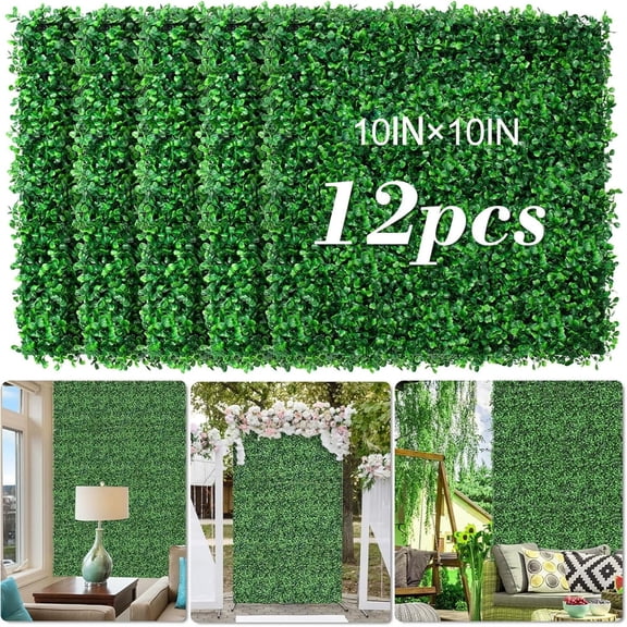 iMucci 10"X10" Artificial Grass Wall, 12Pcs Boxwood Hedge Wall Panels UV-Anti Grass Backdrop Wall Decor, Greenery Privacy Hedge Screen for Indoor Outdoor Patio Balcony, Party Garden Fence Decor