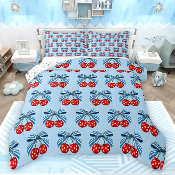 Feelyou Kawaii Princess Ribbon Full Size Comforter Sets, Cute Stars Cherry Bedding Comforter Set, Teens Kids Boys Girls Reversible Bedding Sets, Breathable Home Decor, 3-Piece