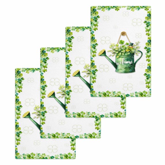 St Patrick's Day Kitchen Dish Towels for Drying Dishes Set of 4, Watercolor Shamrock Leaves Watering Can Green Waffle Weave Microfiber Hand Tea Bathroom Towels Quick Dry & Absorbent Towel 15.7x23.6