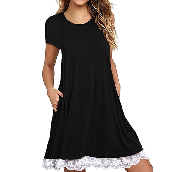 Viikei Plus Size Short Sleeve Dress for WomenSolid O-Neck Lace Patchwork Pockets Dresses