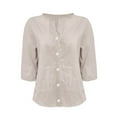 thumbnail image 3 of AKEGAMN Summer Cotton Linen V Neck 3/4 Sleeve Tops Loose Vacation Beach Solid Blouses Tunic, Yellow S, Size S-5XL, 3 of 5