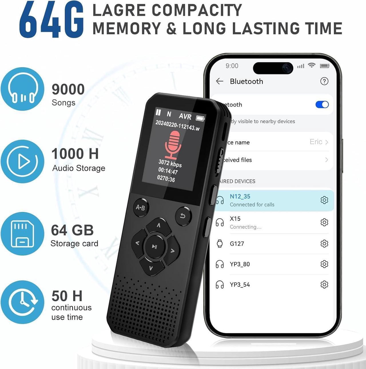 Voice Recorder, 64GB Digital Voice Recorder, Voice Activated Recorder with Playback, Tape Recorder Up to 3072kbps Bit Rate, Audio Recorder for Interview Meetings Lecture