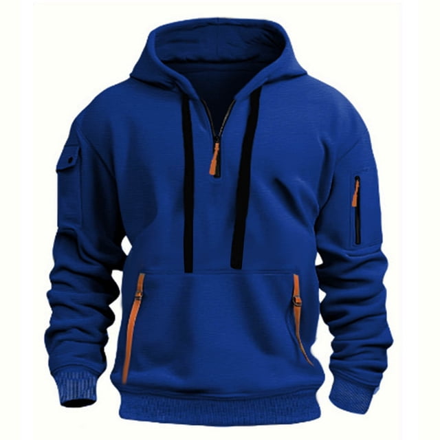 pstuiky camisas de manga larga para hombre, Sudadera con capucha deportiva de manga larga con múltiples bolsillos y media cremallera para hombre salir tops m