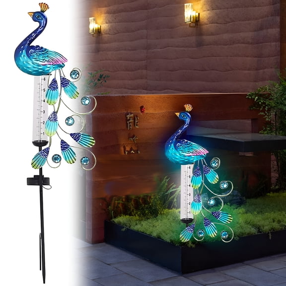 HIBIBUD Outdoor Garden Landscapes Waterproof Solar Peacock Rain Gauge - Weather-Proof Outdoor with LED