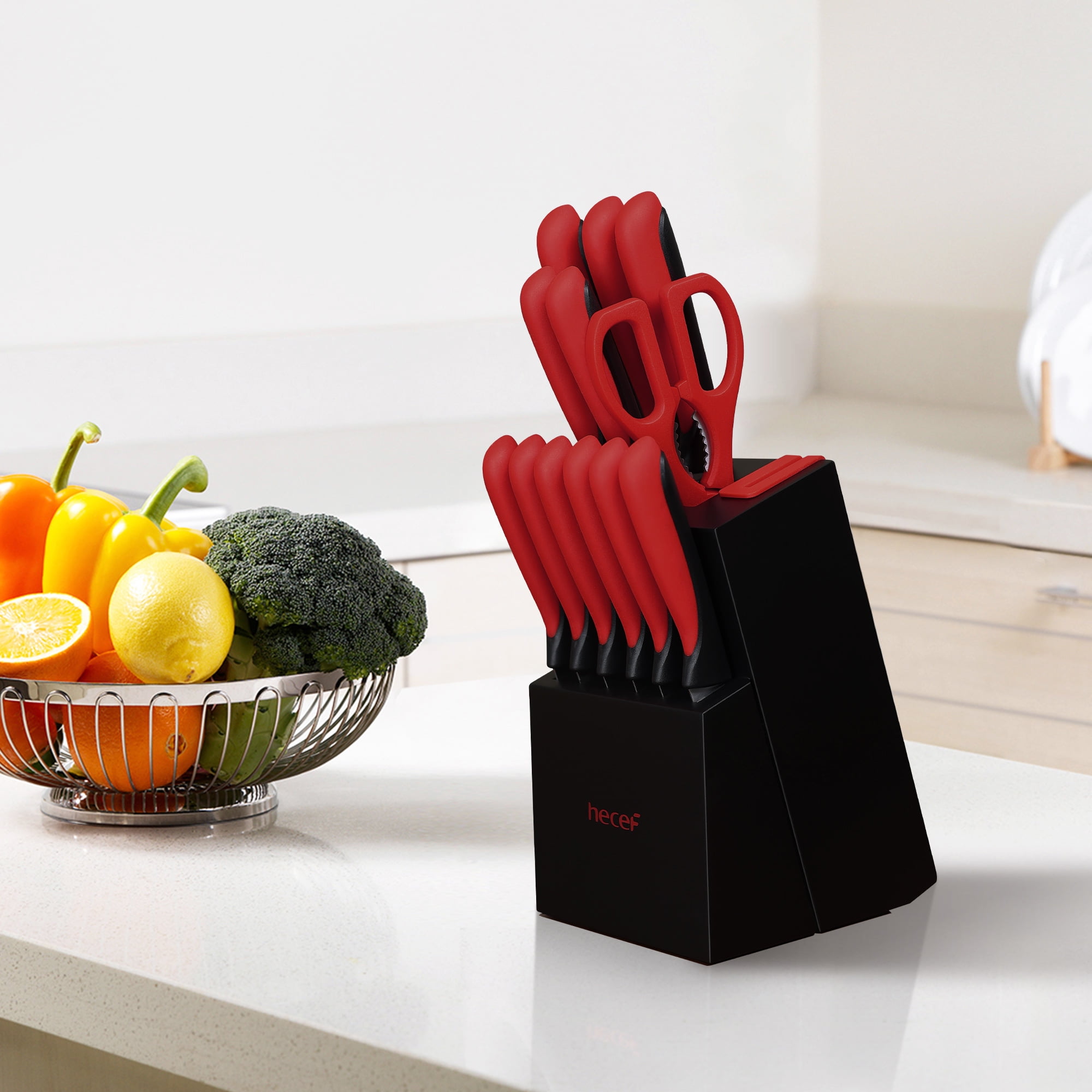 Hecef Knife Set, 13-Piece Satin-finished Sharp and Rust-proof Kitchen Knife set with Sharpener