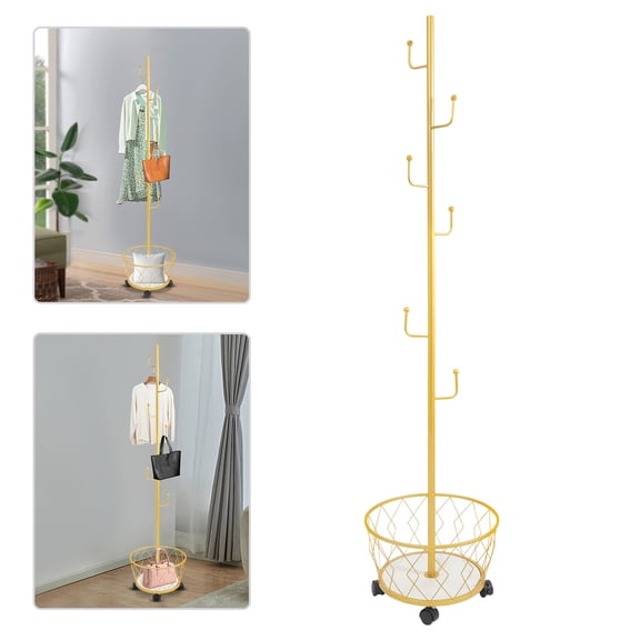 ToppiJoy Coat Rack with Storage Basket, Iron Freestanding Coat Rack with Universal Wheels, for Hallways, Bedrooms Gold