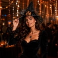 thumbnail image 4 of Halloween Witch Hat for Women, Black Lace Wizard Hat with Pumpkin Skeleton Rose Decor, Gothic Costume Accessory for Halloween Party Cosplay Carnival Dress Up, 4 of 5
