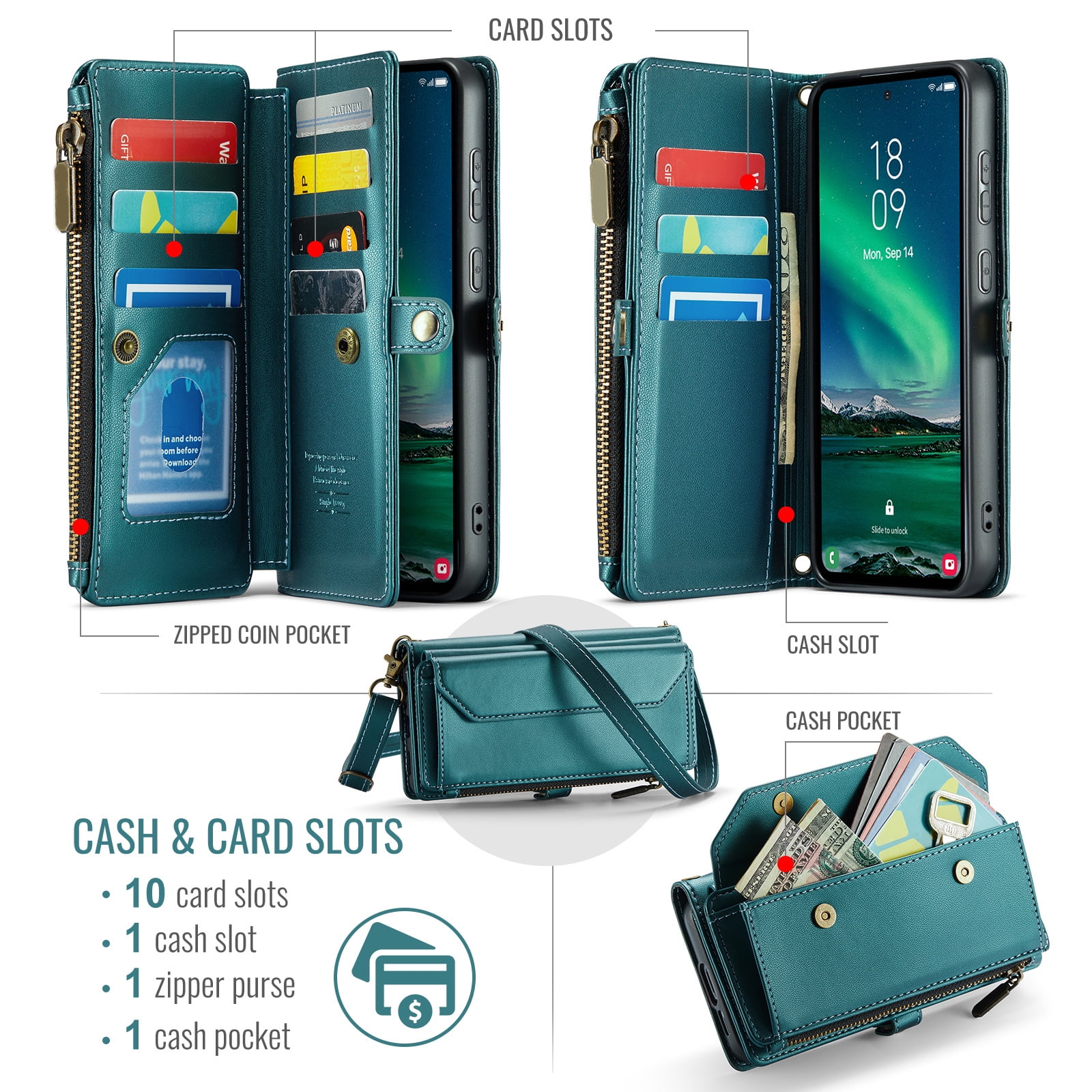 Compatible with Samsung Galaxy S24 FE 5G Zipper Wallet Phone Case Tempered Glass Screen Protector Crossbody Lanyard Strap Flip Card Holder Slot Cell Cover for S 24 EF AI S24FE 24S Women Girls Green