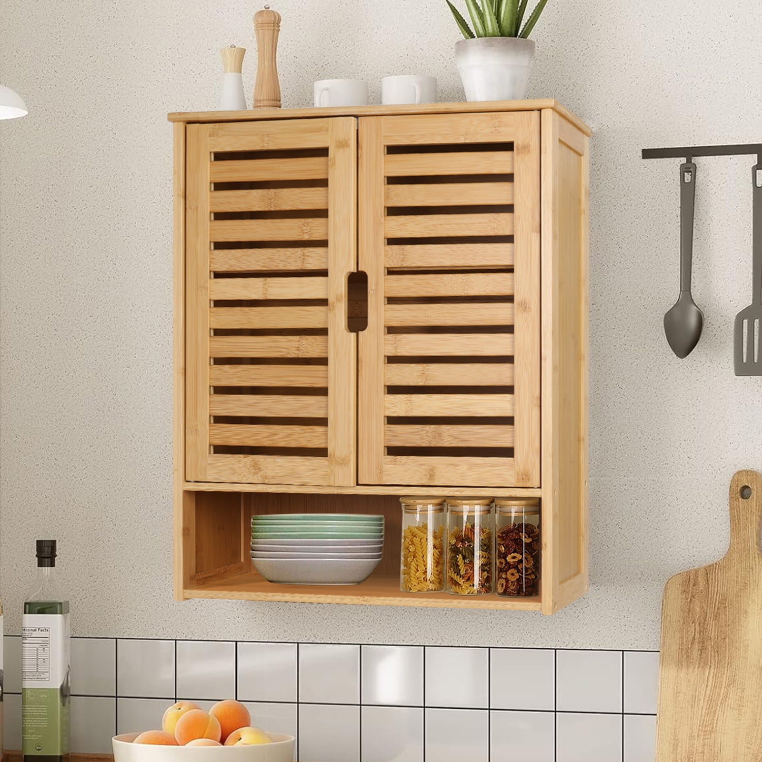 LUVODI Bamboo Bathroom Wall Cabinet Wall Mount Medicine Cabinet Storage Organizer with 3 Tier Adjustable Shelf