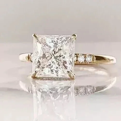 3Ct Princess Cut Moissanite Halo Engagement Ring 14k Yellow Gold Plated