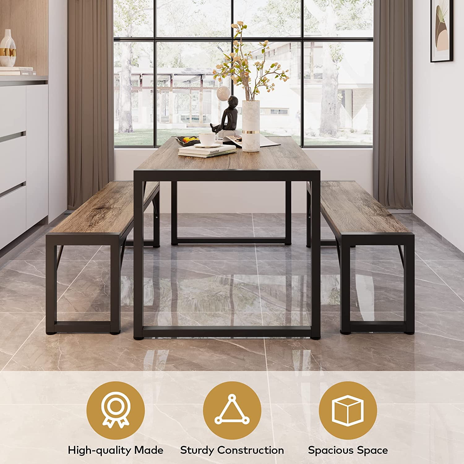 Lofka 3-Piece Breakfast Nook Dining Table Set for 4 with Two Benches for 4 for Kitchen Gray Board