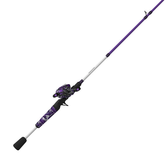 Zebco Roam Baitcast Reel and Fishing Rod Combo, 6-Foot 6-Inch 2-Piece Fiberglass Fishing Pole with Split-Grip MaxTac Handle, Lightweight Graphite Frame, Right-Hand Retrieve, Purple