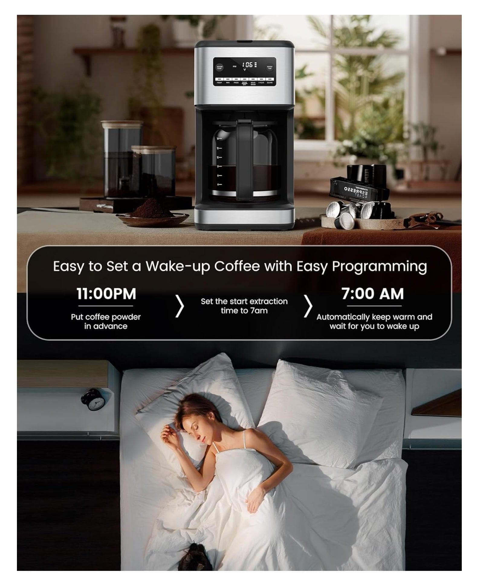 14-Cup Coffee Maker, 24-Hour Programmable Coffee Brewer, Keep Warm, Drip Free, Washable Filter, Stainless Steel, Silver