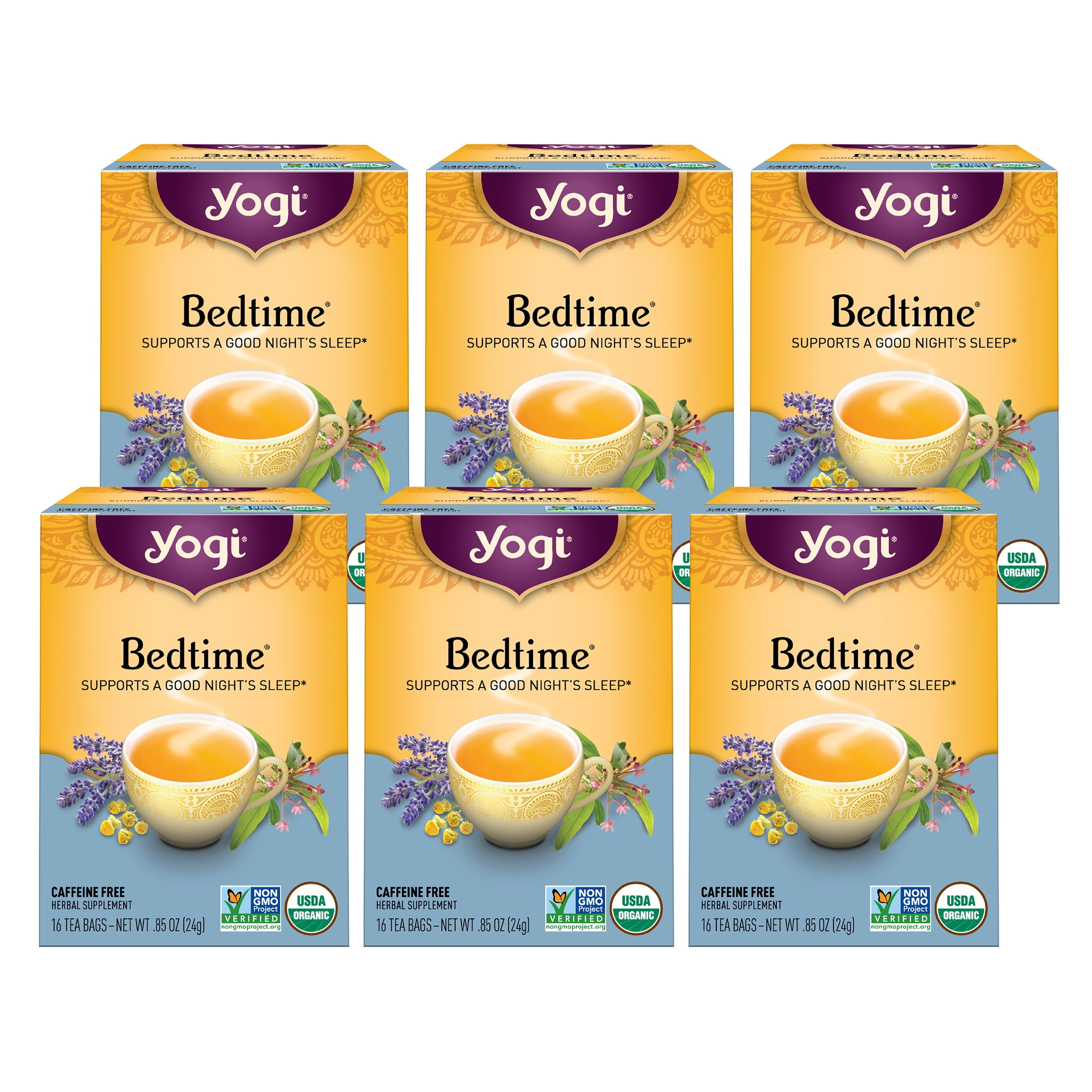 Yogi Tea Bedtime, CaffeineFree Organic Herbal Tea, Wellness Tea Bags, 6 Boxes of 16