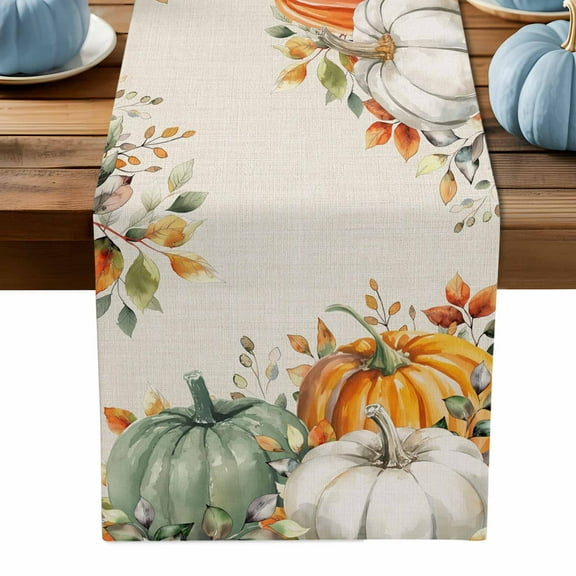 ERUNPONLY Sage Green Pumpkin Table Runner - 108 Inch Long Orange Eucalyptus Leaves Thanksgiving Cotton Linen Blended Dress Scarves Farmhouse Table Runner for Kitchen Dining, Coffee Table, 13" x 108"