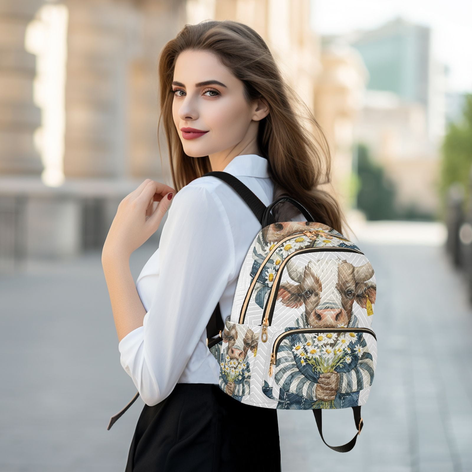 Bull Cow Daisies Travel Laptop Backpack Casual Daypack Lightweight Bookbag Compartment for Business