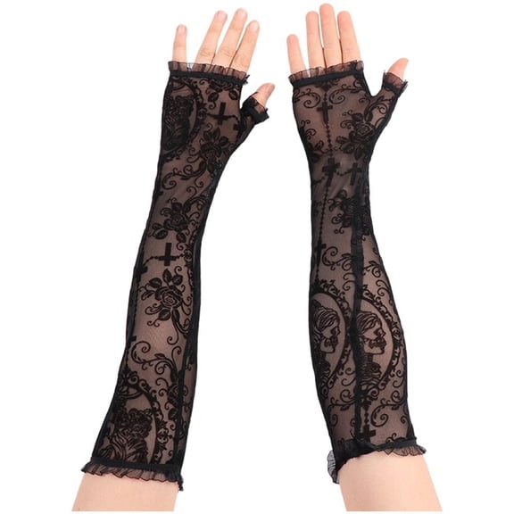 Jiibva Rose Cross Lace Gloves Mesh Long Fingerless Opera Gloves Halloween Elbow Length Lace Gloves for Evening Prom