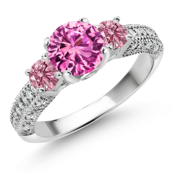 Gem Stone King 925 Sterling Silver Pink Created Sapphire Pink Lab Grown Diamond and White Moissanite Engagement Ring for Women (2.24 Cttw, Gemstone September Birthstone, Round 7MM and 4MM, Size 9)