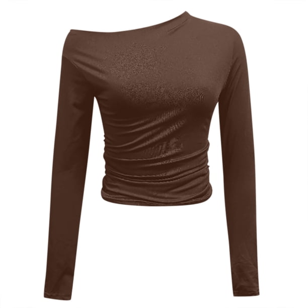 Camiseta sexy de manga larga con hombros descubiertos para mujer - Color liso, poliéster-spandex, XS-XL - Cuello en V, cintura fruncida para citas nocturnas/fiestas