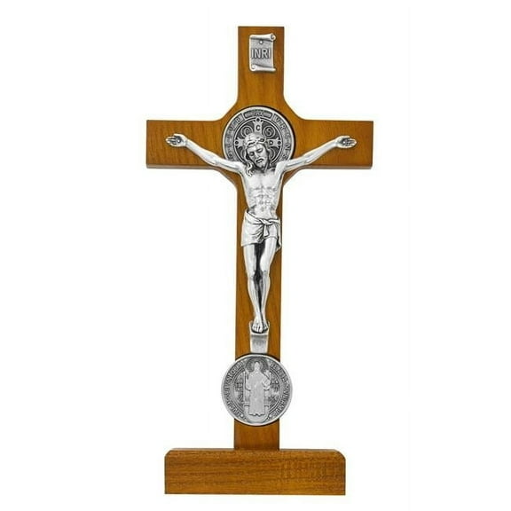 Mcvan 80-208 8 in. Standing Walnut Saint Benedict Crucifix Pendant Box