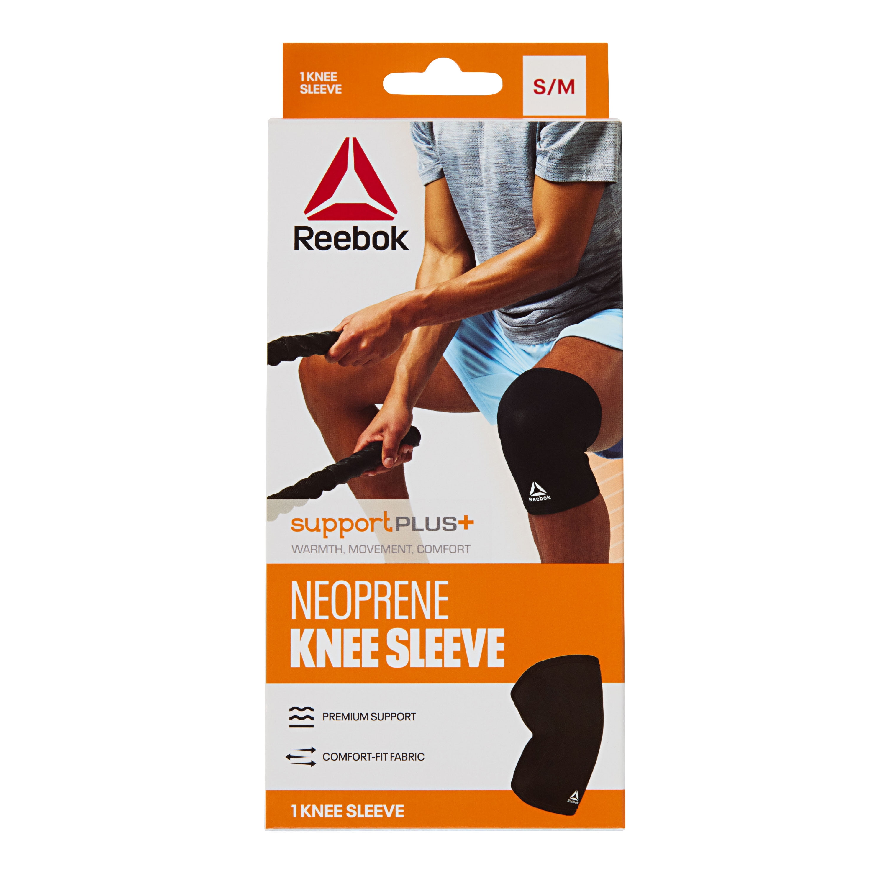 (2 pack) Reebok Delta Support Knee Sleeve, S/M - L/XL, Black, 5mm Neoprene Compression, Ergonomic Fit, Unisex