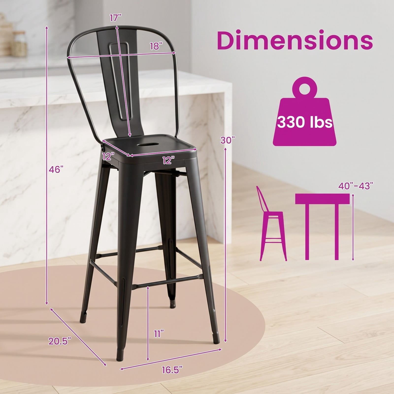 Furnibear Set of 4 Bar Height Stools, Stackable Metal Bar Stools with Removable Backrest, 30 Inch Counter Kitchen Pub Dining Chairs, 330 lbs Capacity, Black