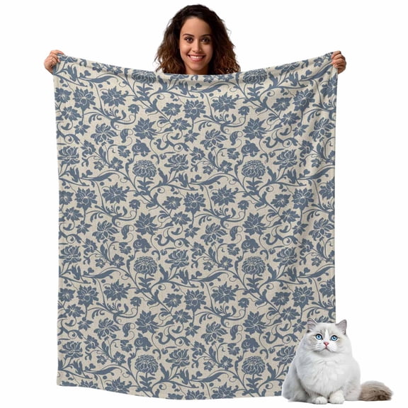 Pastoral Blue Wildflower Retro Linen Throw Blanket Flannel Fleece Throws, Abstract Floral Texture Lightweight Super Soft Warm Blankets for Couch Sofa Bed All Season Use, 40x50 in