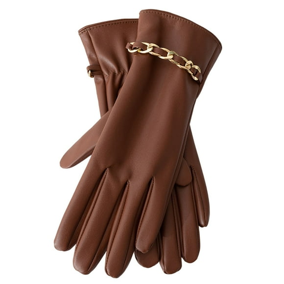 Brown Gloves Mittens Autumn and Winter Women's Velvet Metal Buckle Temperament Gloves with Protein Leather U Five Finger Full Screen Elegant Style