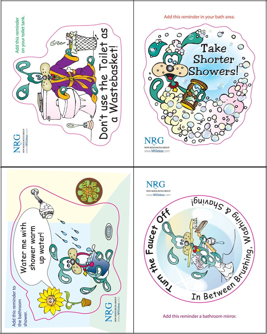 Fun Bathroom Vinyl Cling - WATER & ENERGY Characters Roll of 100