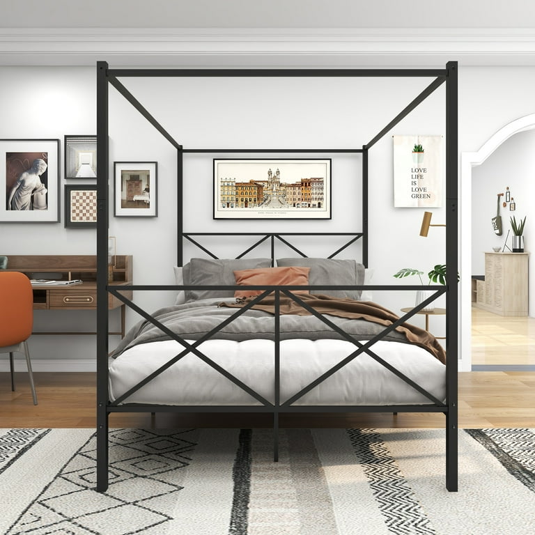 Queen Canopy Platform Bed Metal Canopy Bed Frame with X Shaped Headboard and Footboard Strong Metal Slats Support Heavy Duty Queen Size Canopy Bed