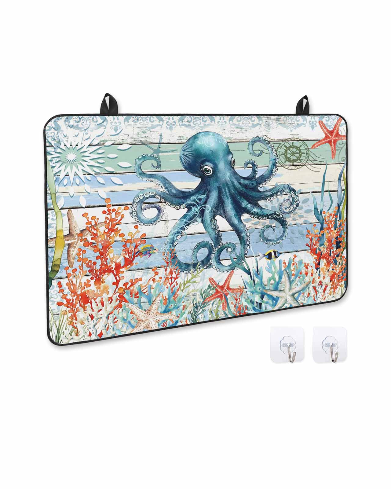 nqOlkjepod Large Induction Cooktop Protector Mat 24"x21", Octopus Coastal Stove Top Covers for Electric Stove, Summer Beach Ocean Coral Wooden Stove Burner Cover Mats, Glass Top Stove Cover