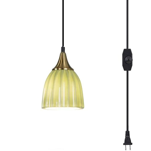 Kiven Plug in Pendant Light, Green Modern,Hanging Light Fixture with Plug in Cord and On/Off Dimmer Switch Ceramics Pendant Light for Dining Room Bedroom Foyer Hallway Kitchen Island E26 Socket