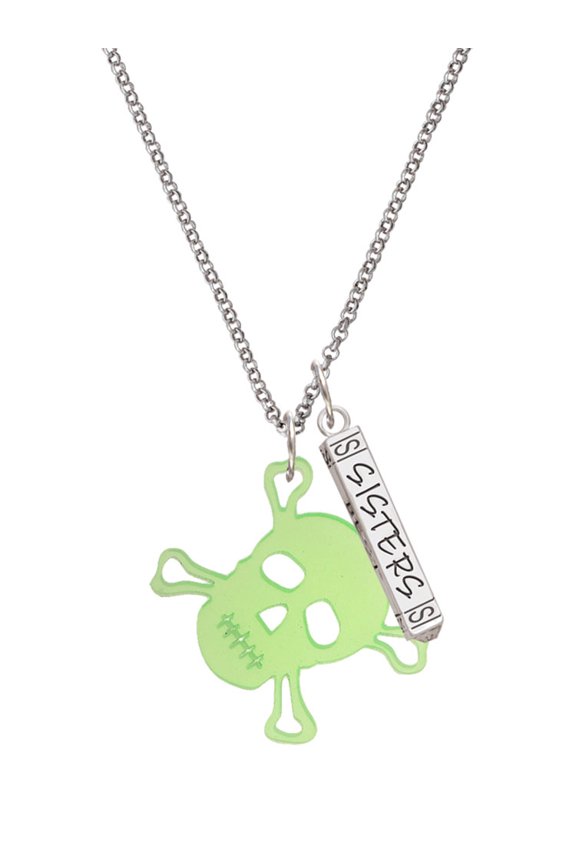 Acrylic Large Lime Green Skull Silvertone Sisters Best Friends Forever Bar Charm Necklace, 23"