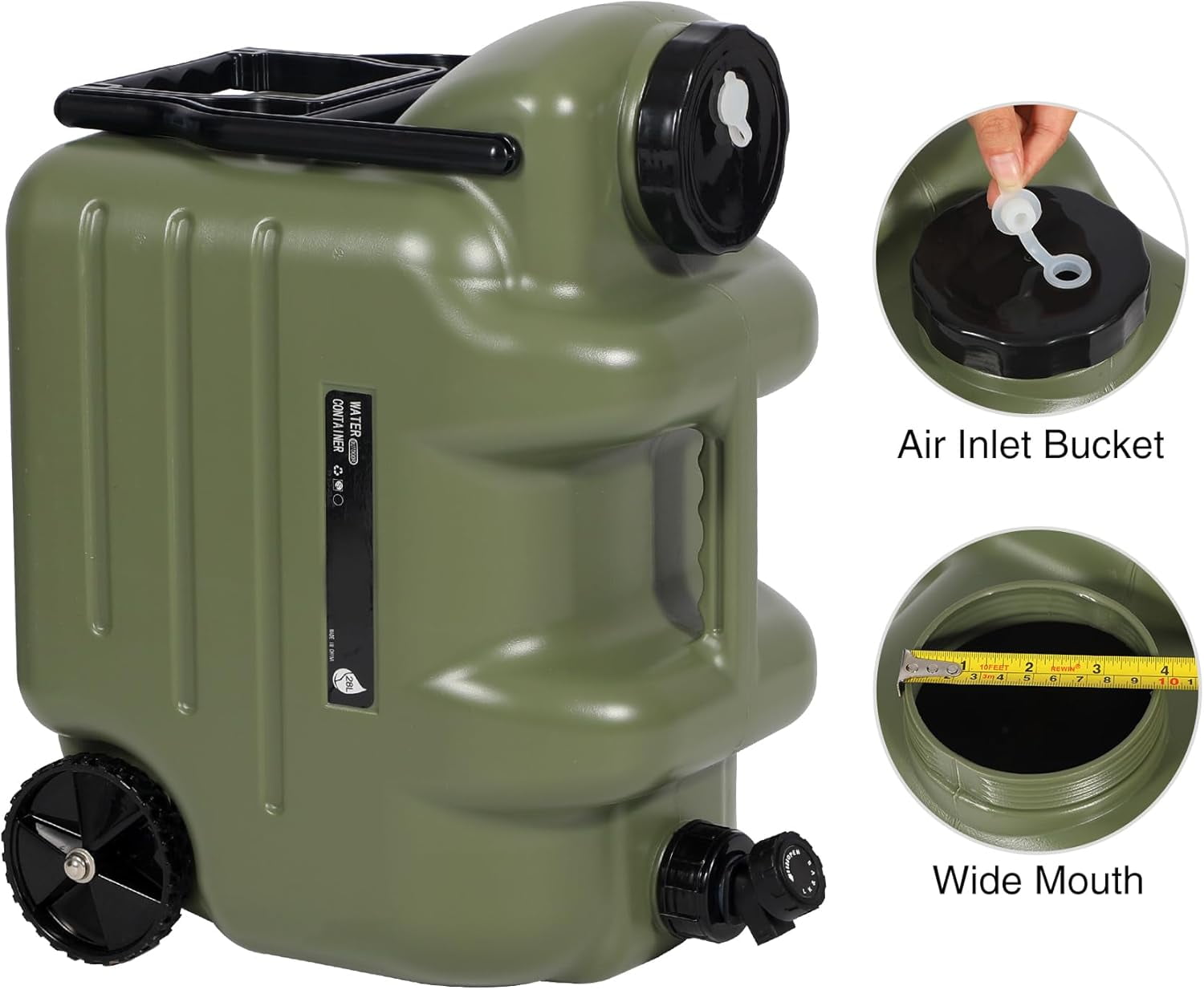 REDCAMP 7.4 Gallon Water Container with Wheels & Folding Handle, Portable Emergency Water Storage Tank with Spigot, BPA Free Water Jug for Camping Outdoor Hiking (28L, Green)
