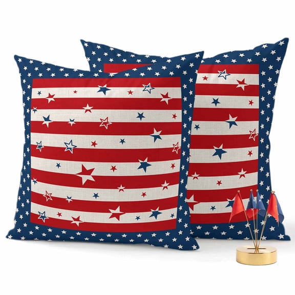 2 Pack Outdoor Waterproof Throw Pillow Covers,Rustic Patriotic Stars on Red White Stripe Decorative Patio Pillowcases for Chair Couch Sofa 16x16in