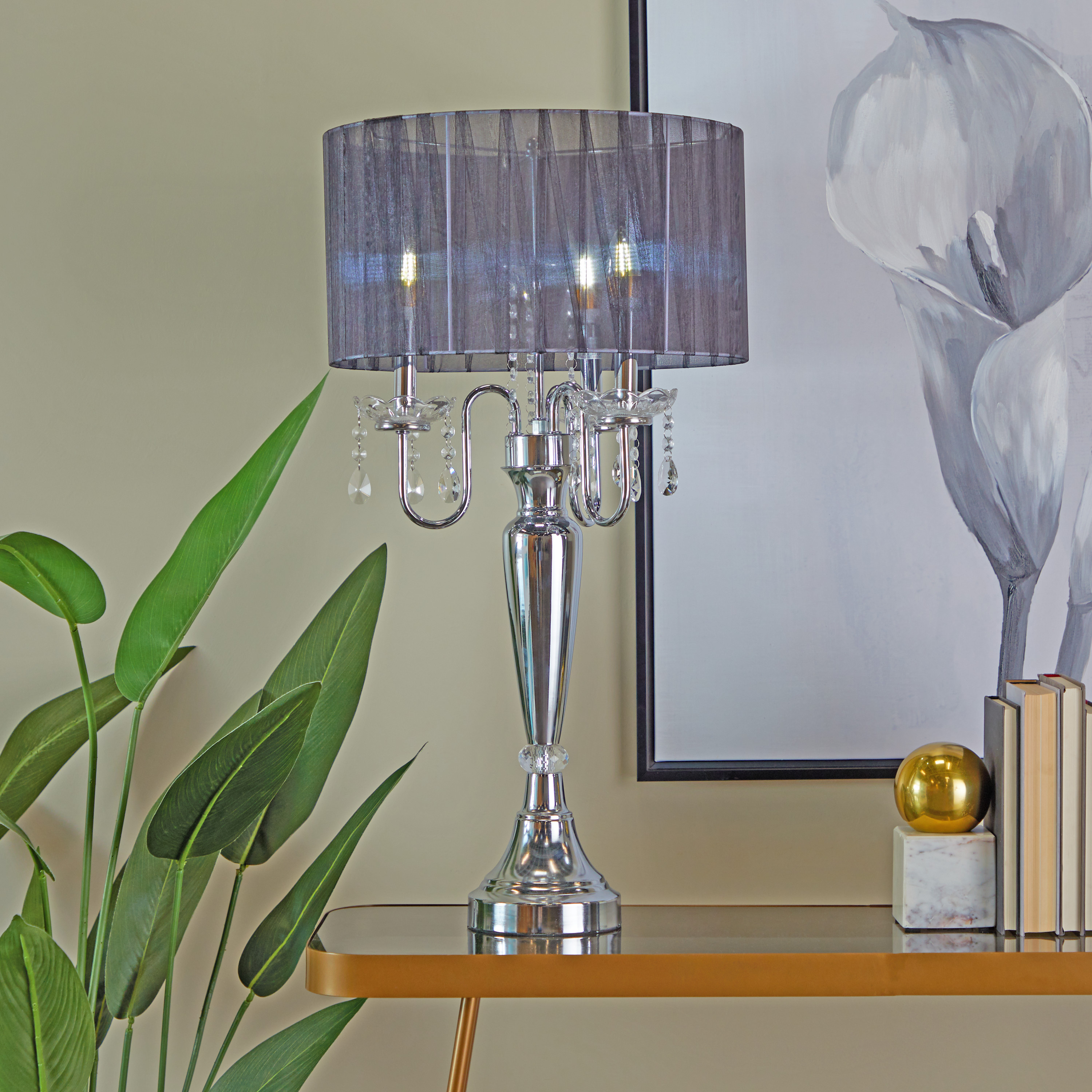 DecMode 31" 3 Light Silver Table Lamp with Black Linen Shade