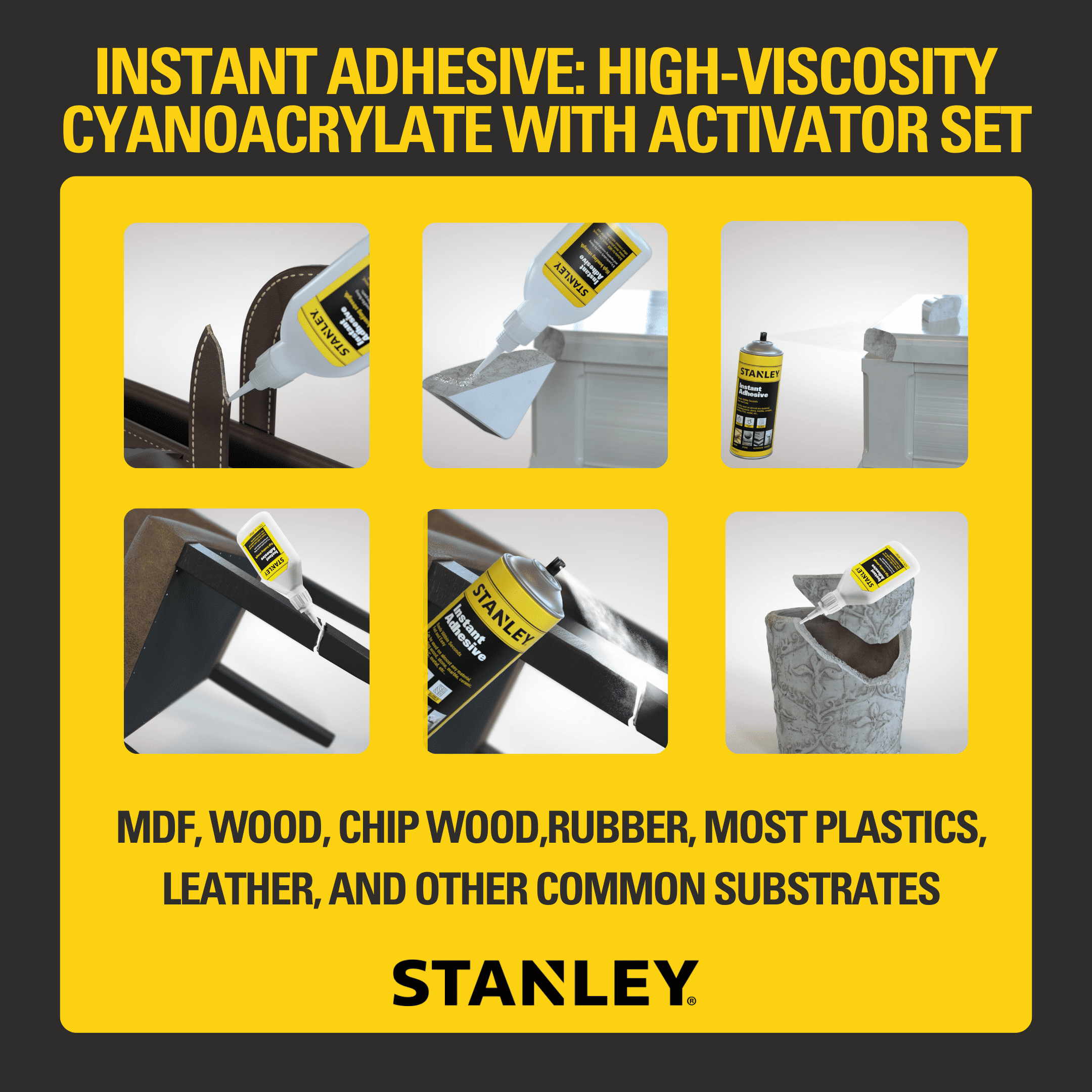 Stanley CA Glue with Activator Bundle, (3.4 oz. - 13.5 fl oz.) 6 Pack