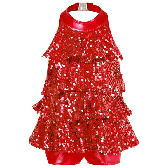 YEAHDOR Toddlers Girls Latin Jazz Dance Outfit Sequins Crop Top with Tutu Skirt Dance Wear,Sizes 3-16 Red-A 16