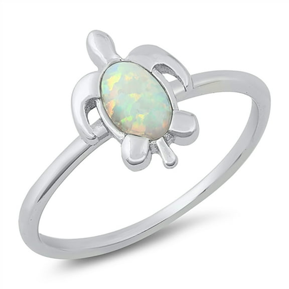 White Simulated Opal Classic Sea Turtle Ring Sterling Silver Size 5