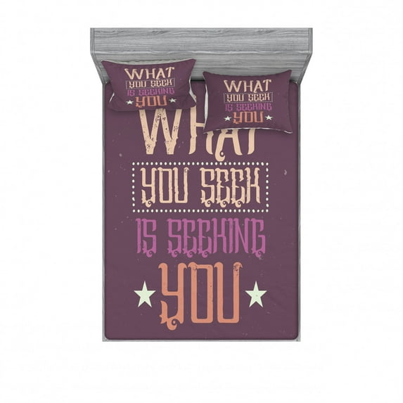 Saying Bedding Set with Sheet & Covers, What You Seek is Seeking You Typography with Distressed Look, Printed Bedroom Decor 2 Shams, 4 Sizes, Mauve Taupe Multicolor, by Ambesonne
