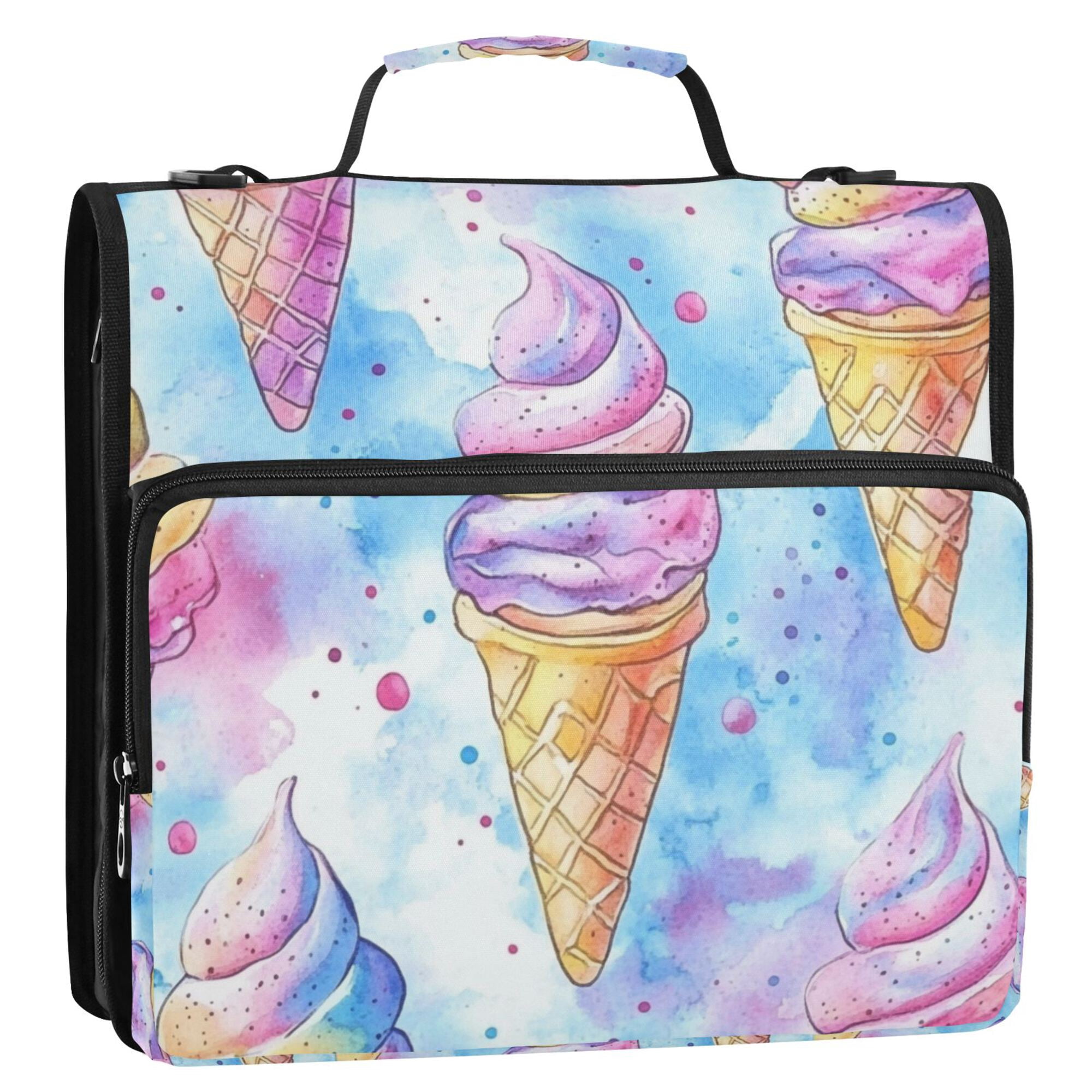 FORMRS Zipper Binder with Shoulder Strap 2-inch Ring 500 Sheet Capacity File Bag, Watercolor Ice Cream Pattern